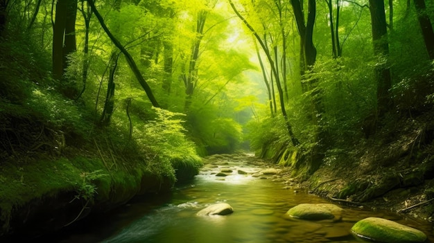 Un ruisseau dans la forêt avec le soleil qui brille dessus