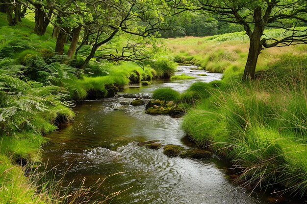 Un ruisseau dans une forêt verte et luxuriante