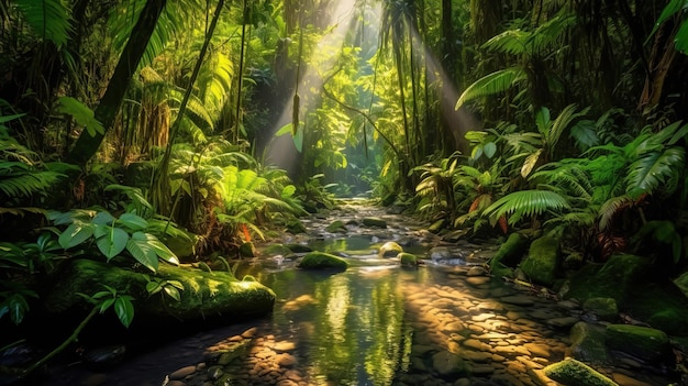 Un ruisseau dans la jungle avec le soleil qui brille à travers les arbres.