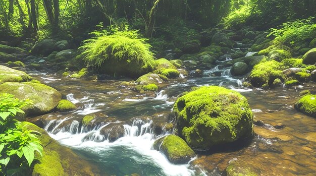 Photo un ruisseau d'eau coulant à travers une forêt de rochers mousseux