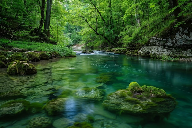 Un ruisseau d'eau coule à travers une forêt où la mousse pousse sur les rochers.