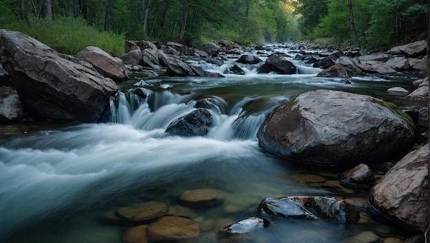 un ruisseau d'eau avec des rochers dedans