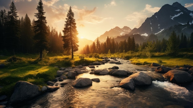 Un ruisseau fantastique qui coule à travers les montagnes au coucher du soleil