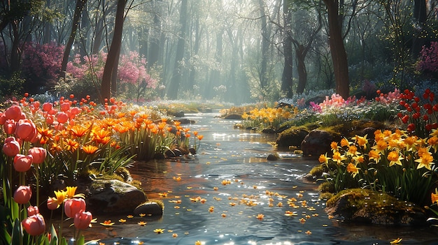 un ruisseau avec des fleurs et un ruisseaux avec une peinture à l'aquarelle de fleurs en arrière-plan