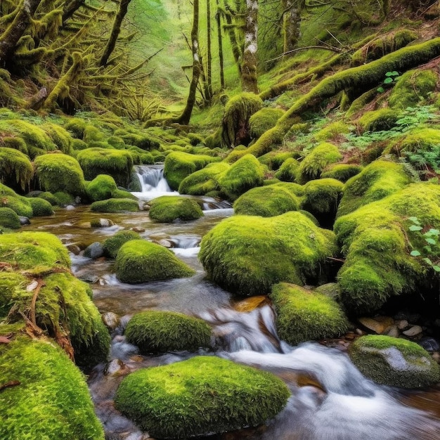 Ruisseau de forêt moussue dans la forêt tropicale