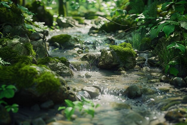 Photo un ruisseau de forêt tranquille qui serpente à travers les rochers moussus.