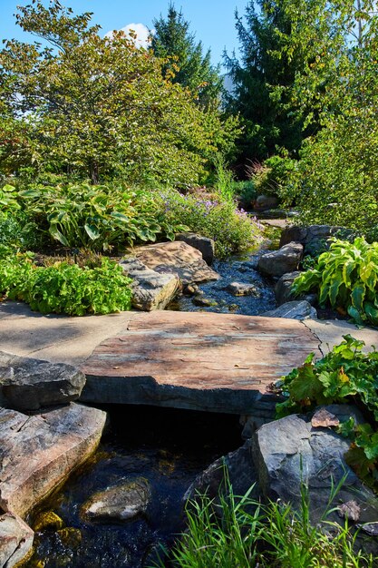 Photo un ruisseau de jardin serein avec un pont de bois rustique et une végétation luxuriante