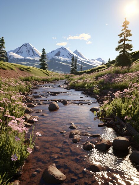 un ruisseau avec une montagne à l'arrière-plan et une montagne en arrière-plan