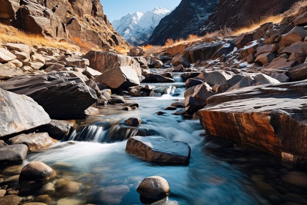 Un ruisseau de montagne cristallin coulant à travers une gorge rocheuse