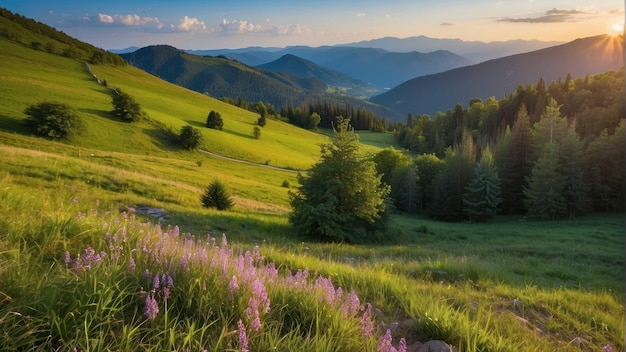 Un ruisseau de montagne tranquille dans une vallée verte et luxuriante