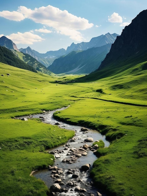 Un ruisseau de montagne traverse une vallée avec des montagnes en arrière-plan.