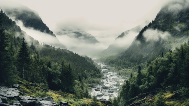 un ruisseau de montagne traverse une vallée traversée par une rivière.