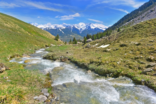 Ruisseau qui coule dans un pré avec une chaîne de montagnes couverte de fond de neige