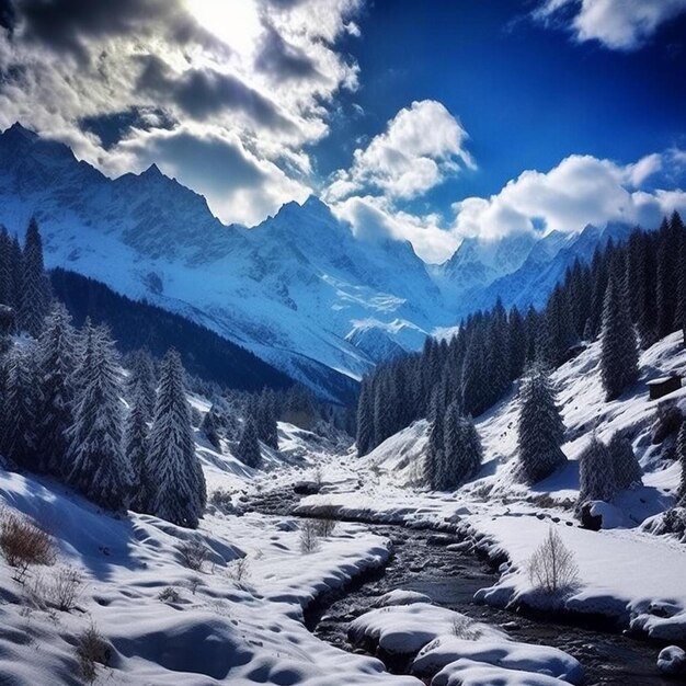 Photo un ruisseau qui coule à travers une vallée couverte de neige