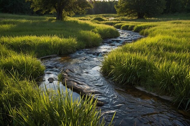 Un ruisseau qui serpente à travers les prairies