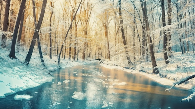 Un ruisseau qui traverse une image générative d'IA de forêt couverte de neige