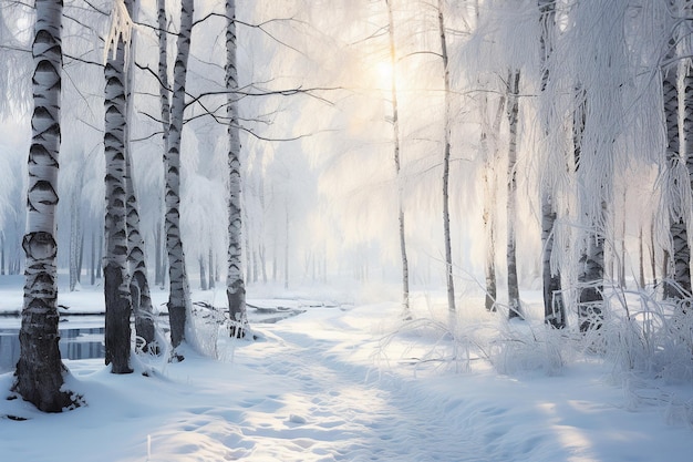 Un ruisseau sinueux coulant à travers une forêt de bouleaux couverte de neige