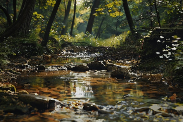 Un ruisseau tranquille bavardant à travers les bois octan