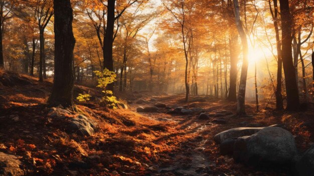 un ruisseau traversant une forêt avec des rochers et des arbres