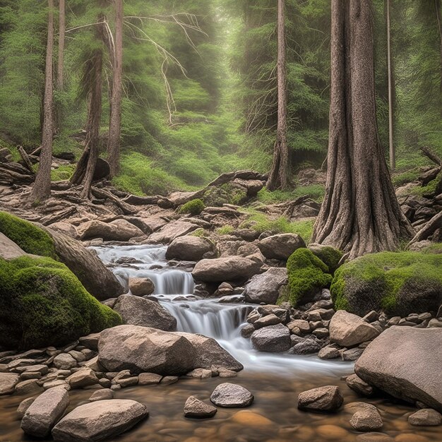 Photo un ruisseau traverse une forêt d'arbres couverts de mousse