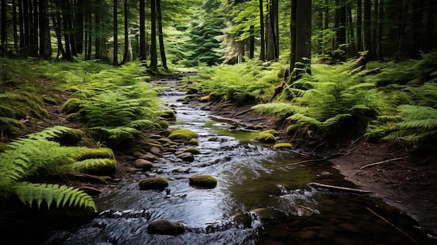 un ruisseau traverse une forêt avec une forêt en arrière-plan