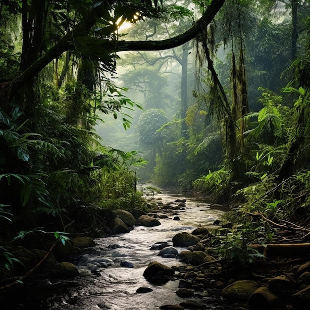 Un ruisseau traverse une forêt avec un ruisseau qui le traverse.