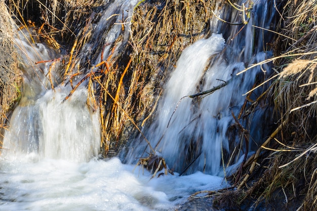 Des ruisseaux printaniers tant attendus coulent sur des ravins et des collines par une journée ensoleillée. Rapides d'eau et cascades de ruisseaux parmi l'herbe sèche. Beau paysage de printemps.