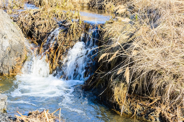 Des ruisseaux printaniers tant attendus coulent sur des ravins et des collines par une journée ensoleillée. Rapides d'eau et cascades de ruisseaux parmi l'herbe sèche. Beau paysage de printemps.