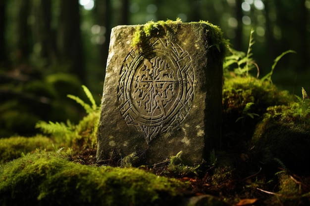 Des runes anciennes mystérieuses sculptées dans une pierre recouverte de mousse