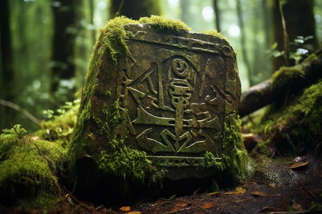 Photo des runes anciennes mystérieuses sculptées dans une pierre recouverte de mousse