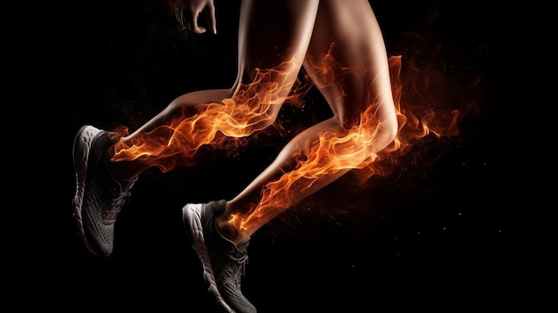 Runner Vue latérale d'un jogger jambes avec la puissance dans les veines isolées sur noir