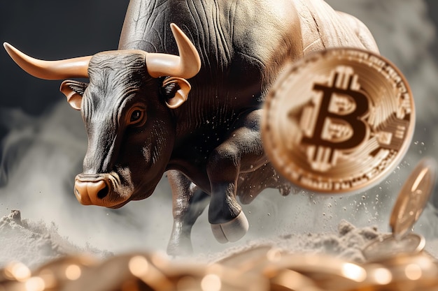 Running bull et bitcoin shiner pour le concept de crypto bull run