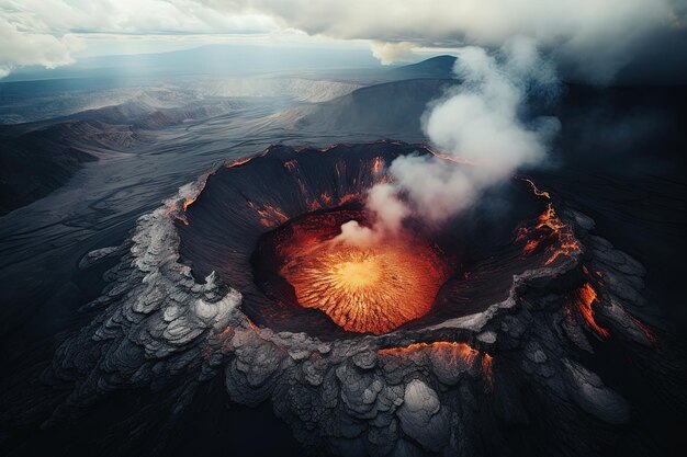 Éruption du volcan d'une vue d'oiseau Cratère du volcan et flux de magma pris d'en haut Généré par l'IA