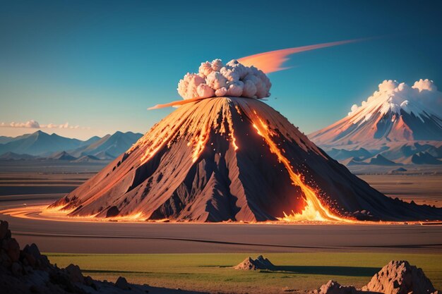 Éruption d'un volcan actif épanchant de la lave forme de terrain volcanique caractéristique fond de papier peint