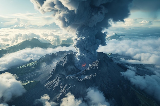 Éruption d'un volcan avec de la fumée dans les nuages générée par l'IA