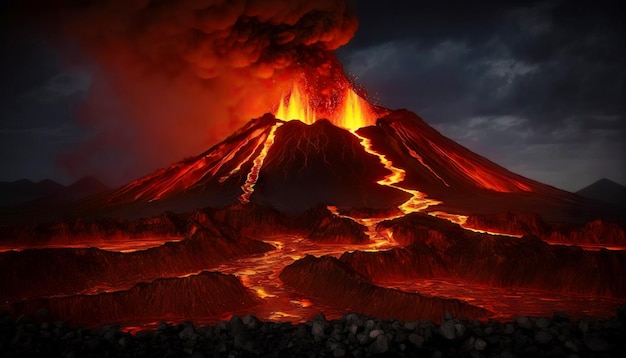 Éruption volcanique Coulée de lave sur les pentes La fumée monte dans le ciel nocturne AI générative