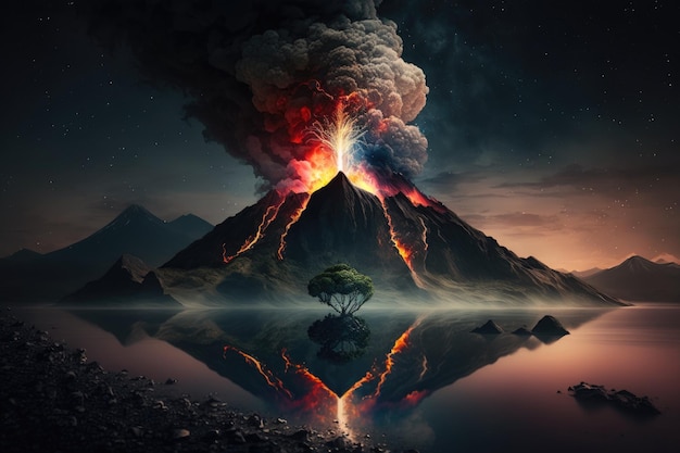 Éruption volcanique dans un paysage naturel nocturne