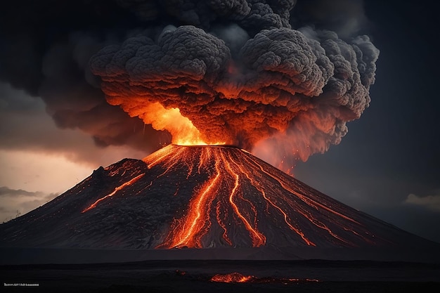 Éruption volcanique avec des éruptions massives de lave et de nuages chauds s'élevant haut dans le ciel flux pyroclastique en Asie Krakatoa