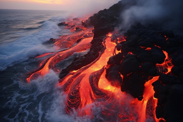 Éruption volcanique à Hawaï Parc national des volcans Grande île Lave entrant dans l'océan avec de nombreux petits flux AI généré