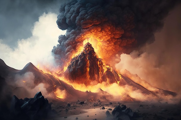 Éruption volcanique massive De la lave bouillante s'écoule du cratère De la fumée s'élève du volcan Un phénomène naturel créé avec la technologie Generative Ai