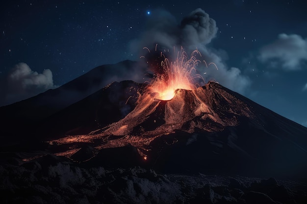 Éruption volcanique la nuit avec coulées de lave illuminées par le clair de lune