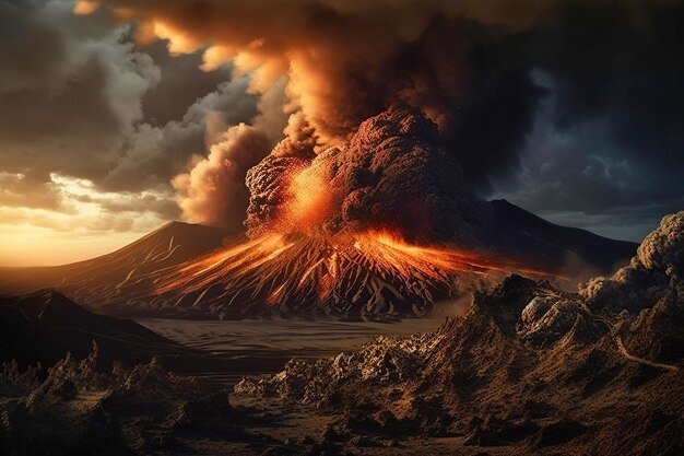 Éruption volcanique la nuit Illustration de l'IA générative