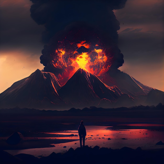 Éruption volcanique et silhouette d'un homme sur le fond du volcan