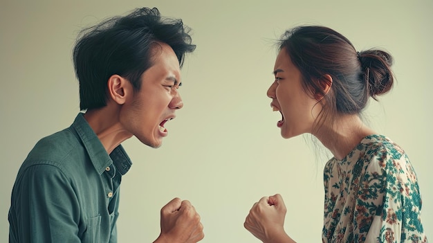 Rupture et dépression asiatique jeune querelle couple amour combat relation en difficulté Différentes personnes sont émotionnellement en colère Disputer le mari a une expression bouleversée par sa femme Le problème des gens de la famille