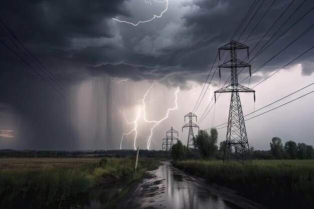 Rupture de ligne électrique par temps orageux avec la foudre et le tonnerre créés avec l'ai générative