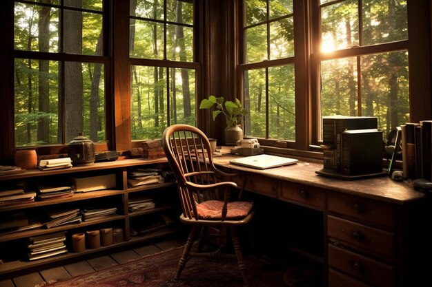 Rustique à la maison, au bureau, avec des meubles en bois.