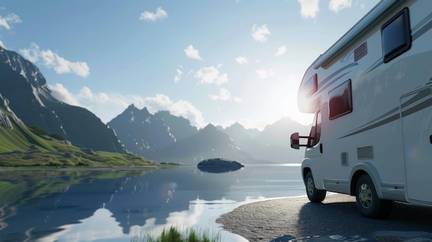 Un RV garé à côté d'un lac serein avec des montagnes majestueuses reflétant l'eau calme au lever du soleil