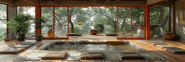 Photo un ryokan japonais traditionnel avec des tapis tatami, des portes coulissantes et une source chaude