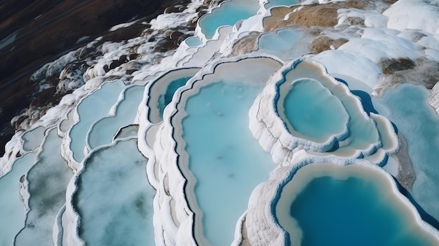 Rythme aéroporté voir Pamukkale Turquie piscines de travertin jardins naturels avec de l'eau bleue Ressource créative générée par l'IA