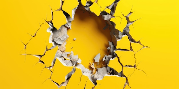 S'échapper d'un trou dans un mur solide trou déchiré jaune copie vide modèle de cadre spatial générateur d'image AI weber